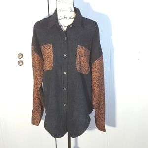 Boutique- Black Corduroy Top W/ Animal Print Leopard  Button Down edgy mod Sz.XL